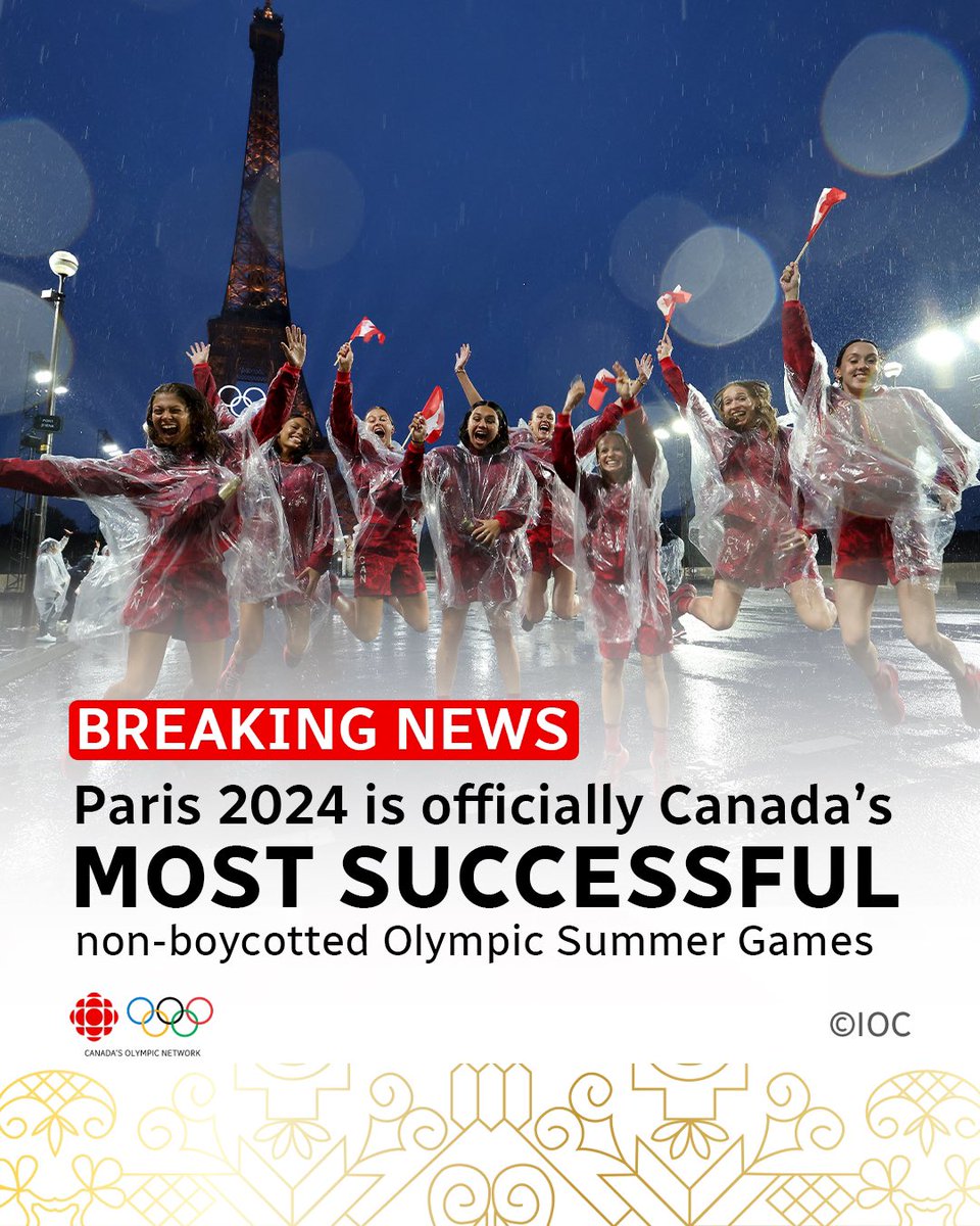 RamosFortier's tweet photo. Great finish Canada! 🇨🇦 

9🥇, 7🥈, 11🥉 = 27 medals at the XXXIII Olympiad! 

@Olympics @Paris2024 #Olympic2024 #Olympics  #Paris2024  #ClosingCeremony 

📸: @CBCOlympics; #TeamCanada https://t.co/Fr5gqHWFQq