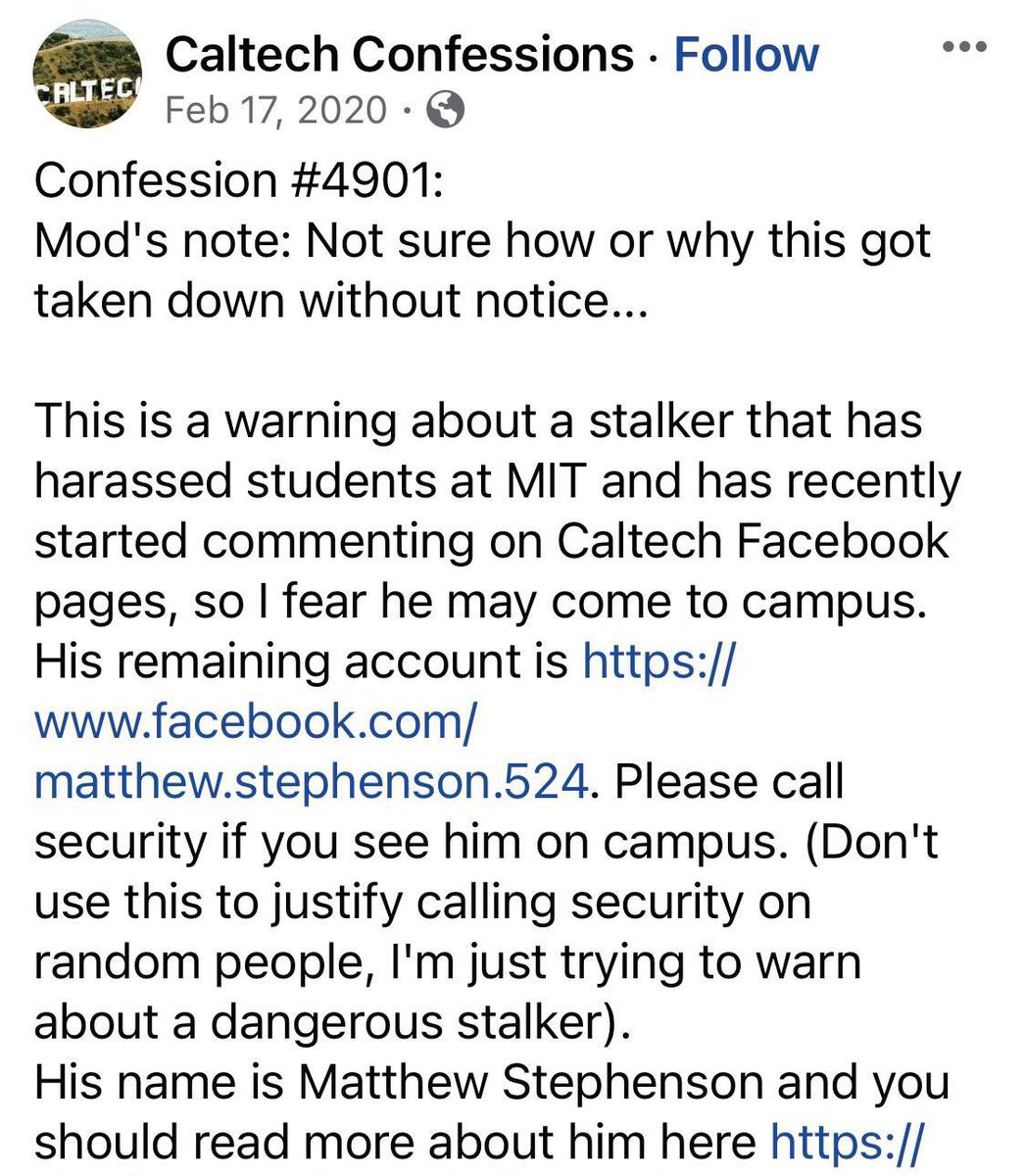 StephensonAlert's tweet image. CalTech Confessions warning for Matthew Stevenson following his ban at MIT