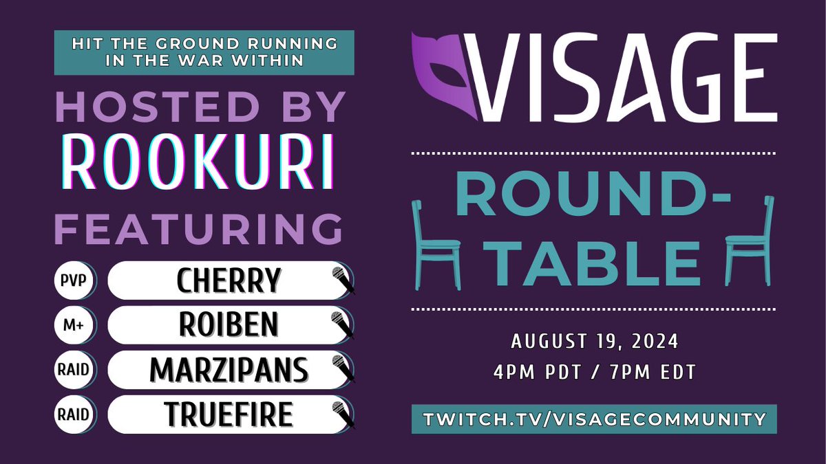 Behind on prep for the new expansion? Get ahead with our "Hit The Ground Running in TWW" Roundtable!🎮✨

Hosted By <a href="/rookuri_/">Rook🏳️‍🌈</a> 
🔹PvP - <a href="/Cherry01TTV/">Cherry</a>
🔹M+ - <a href="/ManuuStr/">Roiben</a>
🔹Raid - <a href="/Marzipansxo/">Marzipans</a> <a href="/TruefireWoW/">Truefire</a>

Join us August 19th &amp; level up your expansion hype!💪
💜discord.gg/visagecommunity
