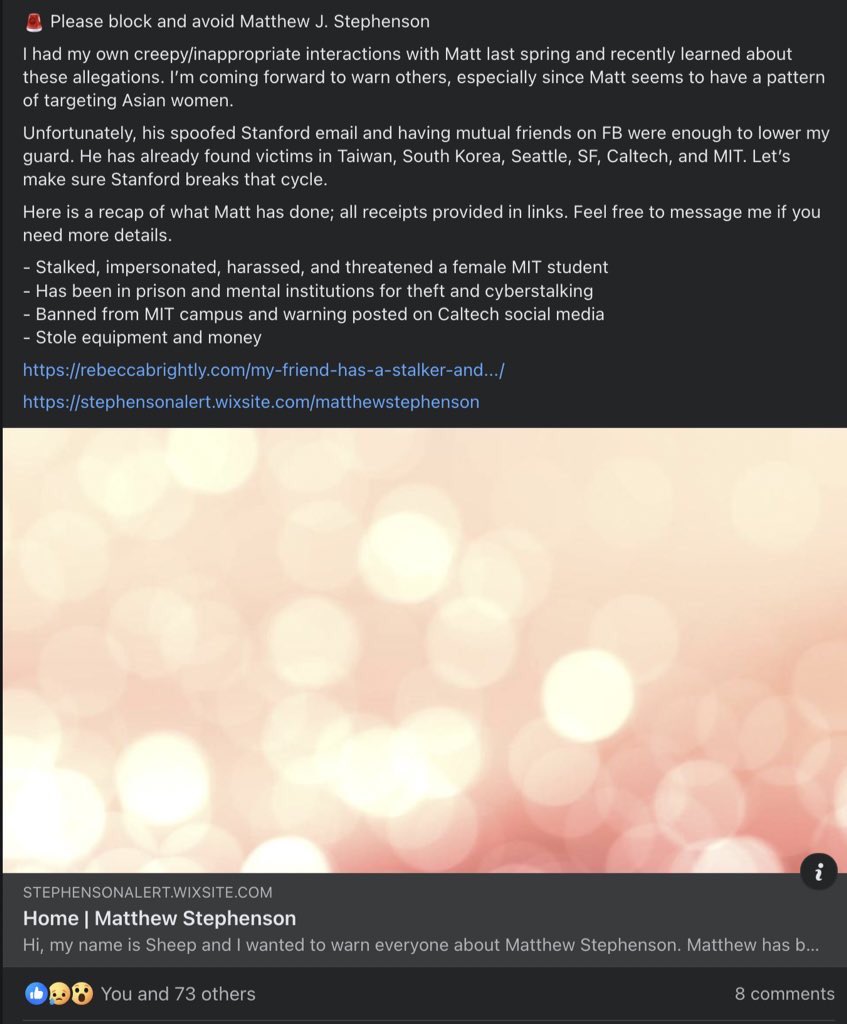 StephensonAlert's tweet image. Stanford community also warning students of Matthew Stephenson (from June 2020)