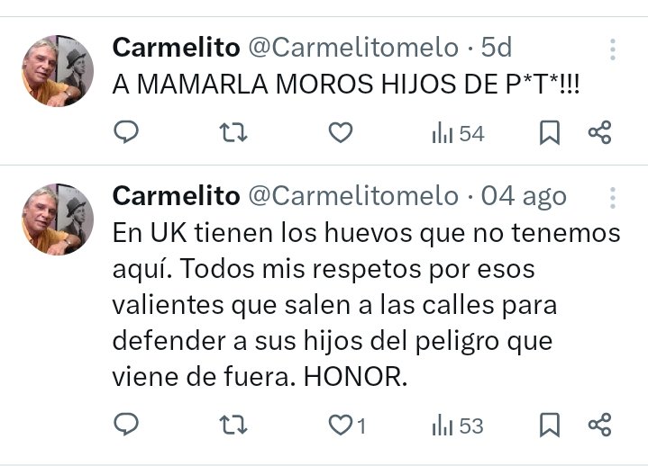Manolo Vieira: “Si ustedes se ponen radicales con esto de la inmigración a mí me mandan a la mierda porque yo soy nieto de portugueses”.
Haz el favor de quitar su foto de tu perfil. Te queda demasiado grande, basura racista.
<a href="/Carmelitomelo/">Carmelito</a>