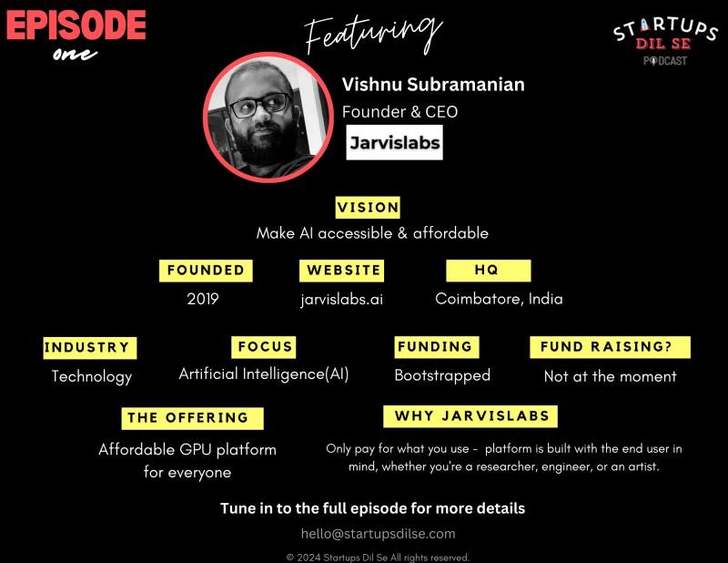 Episode 1 of the <a href="/StartupsDilSe/">Startups Dil Se Podcast 🎙️</a> Podcast is out.

We talk to <a href="/vishnuvig/">Vishnu - Jarvislabs.ai</a>, Founder &amp; CEO of <a href="/jarvislabsai/">JarvisLabsAI</a> - he &amp; his team are working on making AI more accessible &amp; affordable for everyone.

Be sure to check it out on Youtube or wherever you get ur podcasts(Spotify not working yet)
