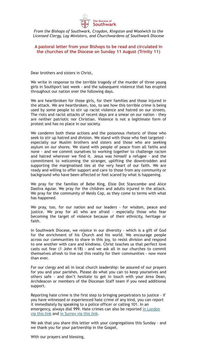 Bishop of Southwark (@bishopsouthwark) on Twitter photo Before the ending of the day I want to express thanks to parishes <a href="/SouthwarkCofE/">Southwark Diocese</a> for reading the Pastoral Letter from your Bishops: "In Southwark Diocese, we rejoice in our diversity - which is a gift of God for the enrichment of his Church and his world." #LoveStrongerThenHate Before the ending of the day I want to express thanks to parishes <a href="/SouthwarkCofE/">Southwark Diocese</a> for reading the Pastoral Letter from your Bishops: "In Southwark Diocese, we rejoice in our diversity - which is a gift of God for the enrichment of his Church and his world." #LoveStrongerThenHate