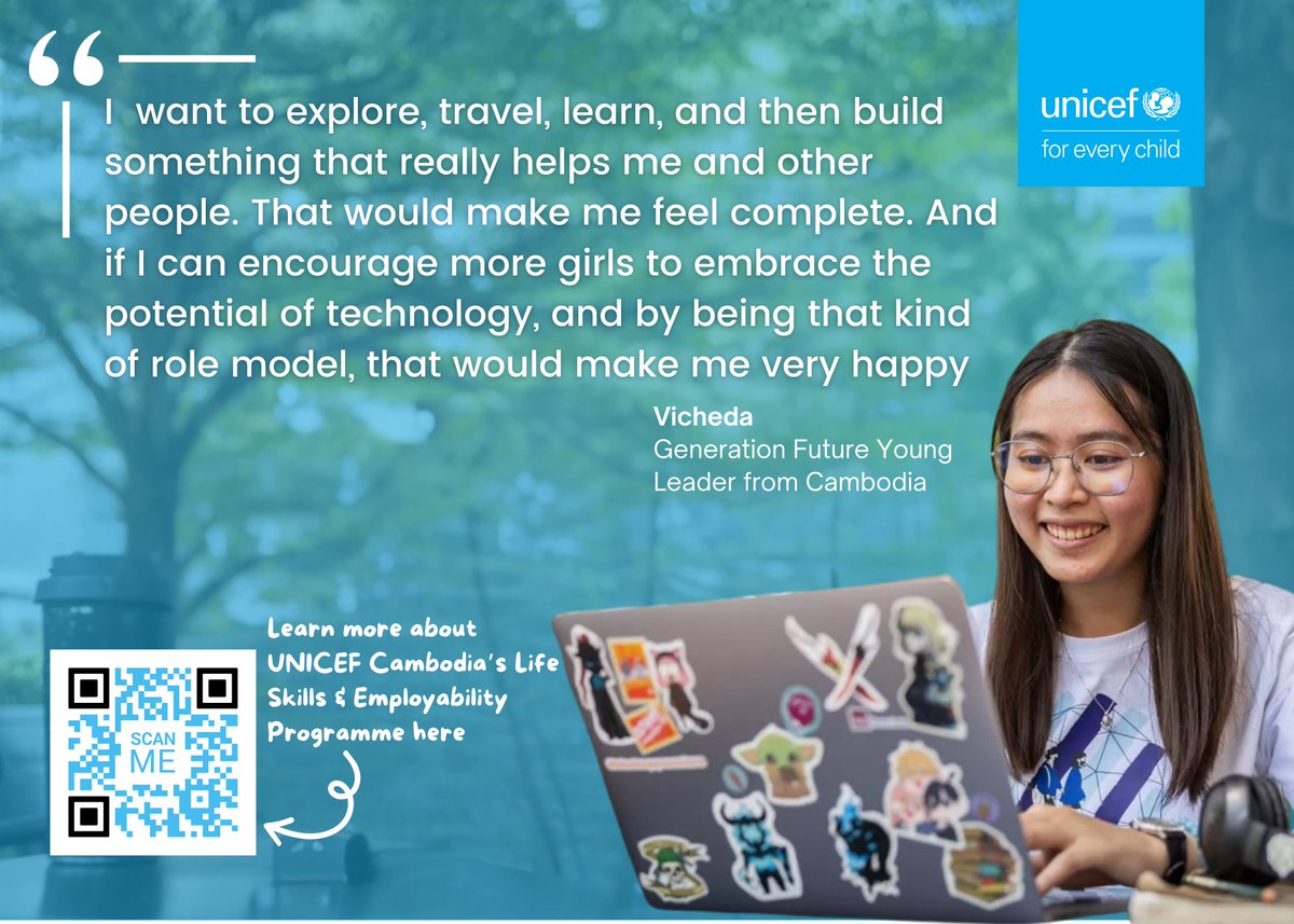 UNICEFEducation's tweet image. Youth like Vicheda are part of a growing, skilled and empowered girl force 💪💻
In Cambodia, UNICEF is working to advance girls’ education, learning and skills including STEM and digital skills.
➡️ bit.ly/3Ad08a8
#YouthDay