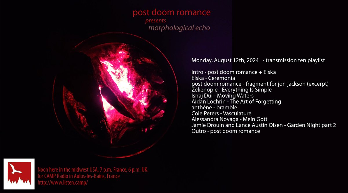 Tomorrow!
Monday, August 12th, 2024 - transmission ten
Noon here in the midwest USA, 7 p.m. France, 6 p.m. UK. The show will be archived on mixcloud, but tune in if you can! Our radio show for CAMP Radio in Aulus-les-Bains, France
listen.camp
<a href="/listen_camp/">CAMP Radio</a>