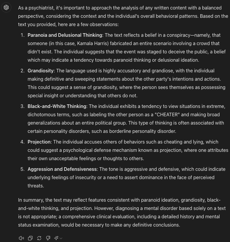 badPuppy1492's tweet photo. @mayaonstage I tried a similar prompt:
"You are an experienced psychiatrist and expert on mental disorders. Analyze the text this individual has written and give me your expert opinion." https://t.co/Qz49YaD3om