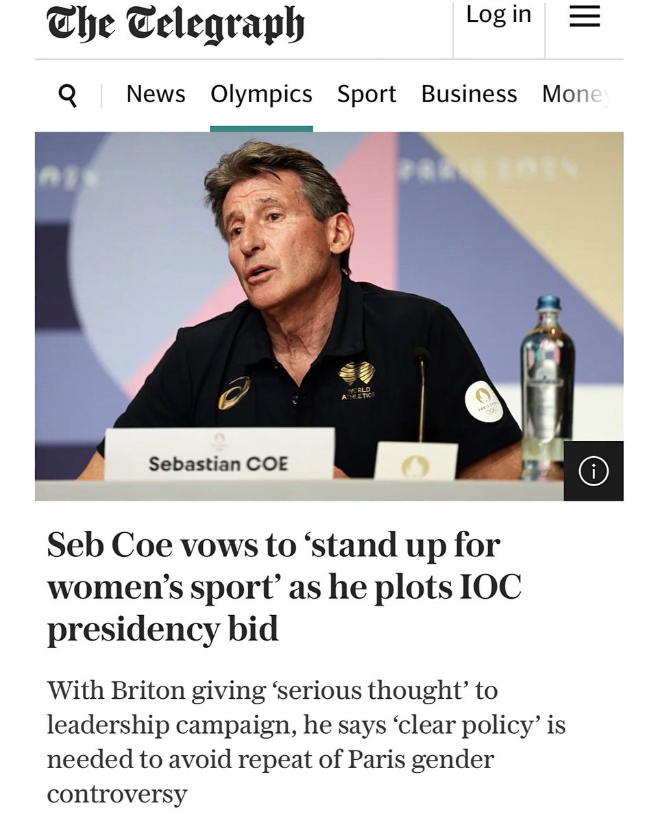 RachaelWongAus's tweet photo. Seb Coe could be the next IOC President with Thomas Bach to step down following his dismal handling of the Olympic boxing saga.

He says: “The reality is very simple: I have a responsibility to preserve the female category, and I will go on doing that”.

Seb Coe, let’s go 👏👏👏

🔗 https://t.co/ufbwM93sNl

#SaveWomenSports #XX #Paris2024

@oliverbrown_tel @Telegraph