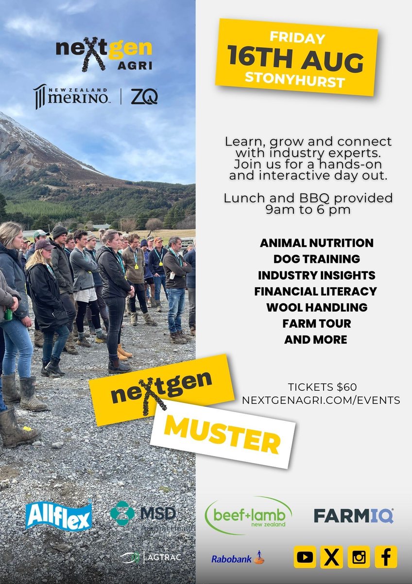 neXtgenAgri's tweet photo. This Friday, we will welcome young farmers and rural professionals from across the South Island to the neXtgen Muster at Stonyhurst. 
Looking for a last-minute ticket? Grab yours now: https://t.co/QxXGnJzQWJ. 

#nzfarming #genetics #livestockfarming #wool #learning #agnetworking https://t.co/gzp40NMiRQ