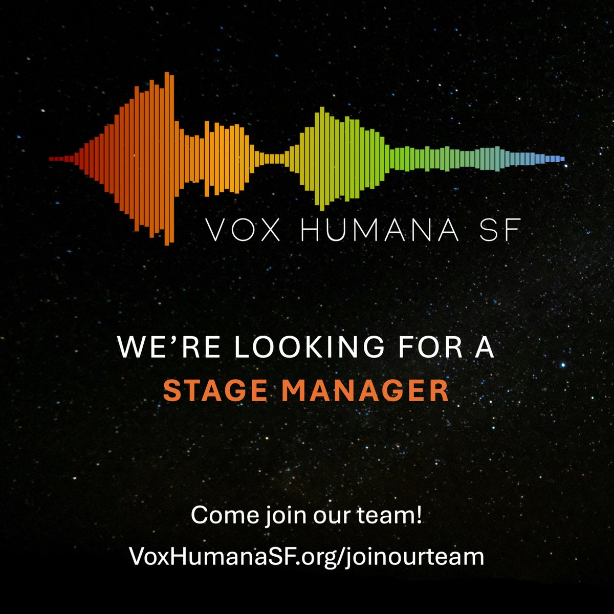 Vox Humana SF is looking for our first Stage Manager to oversee rehearsals and performances for our 2024-2025 season. For more information, please visit voxhumanasf.org/joinourteam.