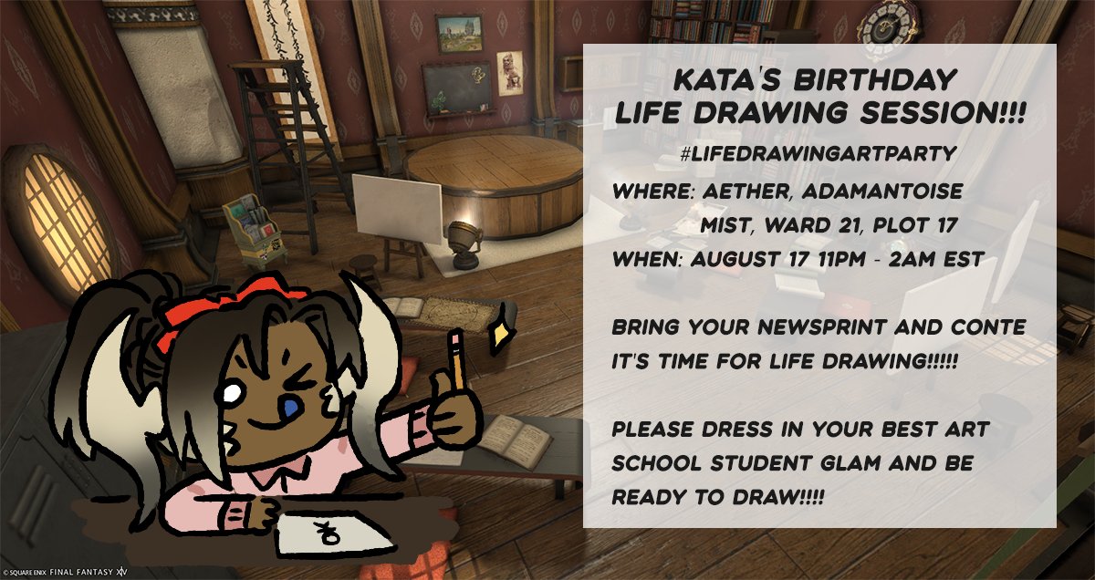 weiyi_swy's tweet photo. SORRY FOR THE LATE NOTICE BUT ITS MY BIRTHDAY SOON!! Come celebrate it with me this Saturday August 17!!!!
#lifedrawingartparty
Where: Aether Adamantoise, Mist W21 P17
When: Aug 17, 11pm - 2am EST
Dress code: ART STUDENT!!!!
Everyone welcome!! (You don't actually have to draw 🥹) https://t.co/b3e5F2Ik4K