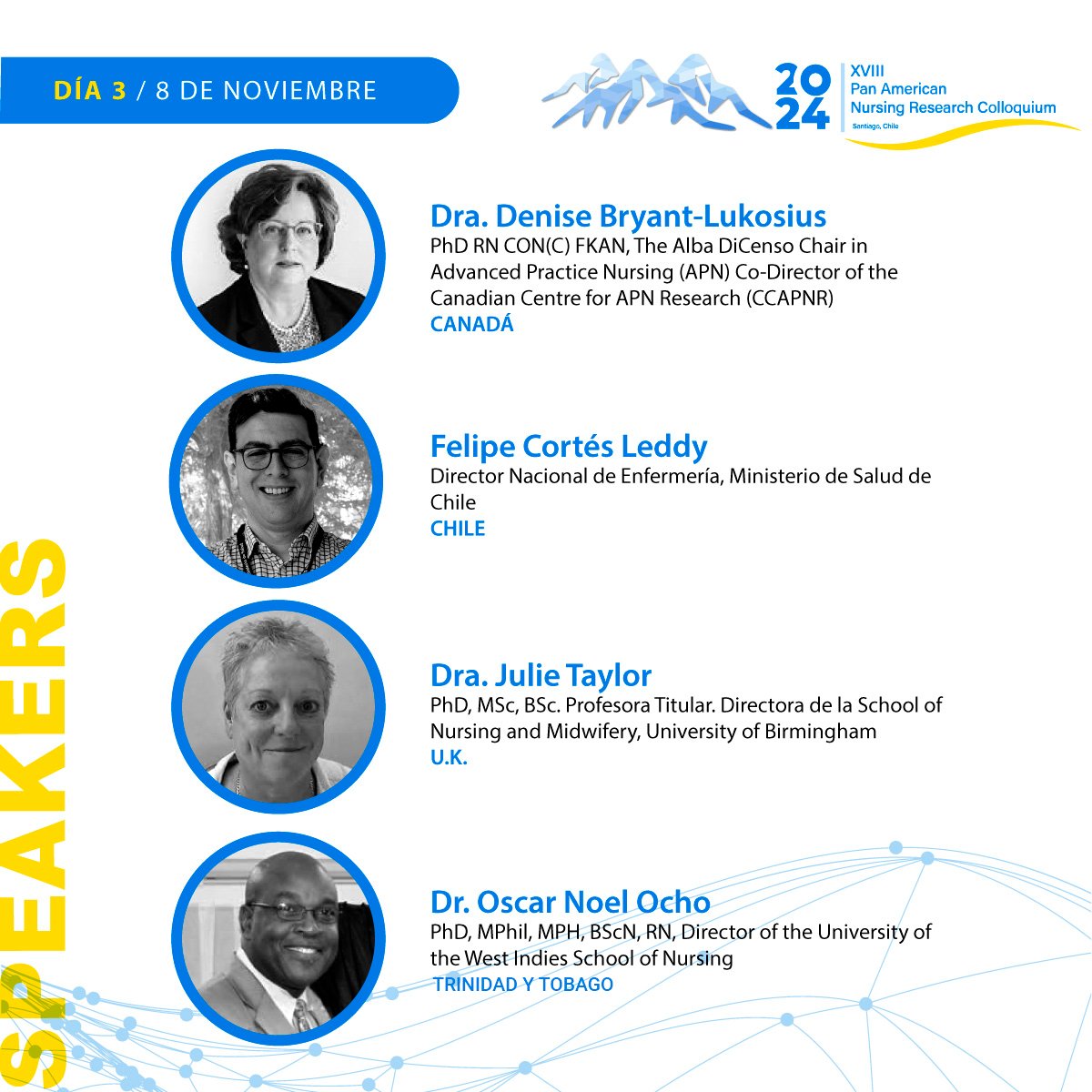 Te presentamos a los speakers que estarán en el tercer día del XVIII Coloquio Panamericano de Investigación en Enfermería, el cual se llevará a cabo este 06, 07 y 08 de noviembre en Santiago de Chile
 Aprovecha el descuento en la inscripción temprana en coloquioenfermeria2024.cl/inscripciones