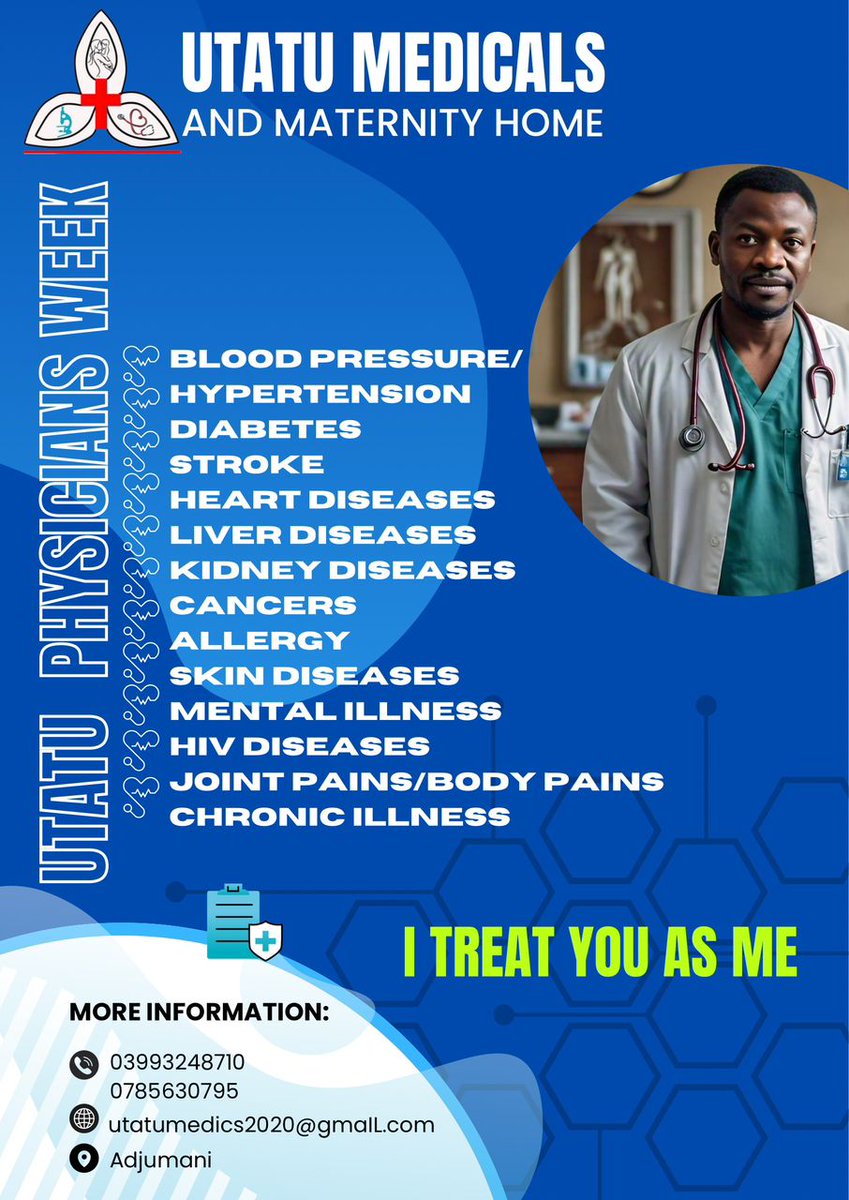 UtatuHospital's tweet photo. @UtatuHospital Physicians week has been postponed to 16th and 17th August 2024. For more details please call us on the phone below. https://t.co/xehlMnbG2g