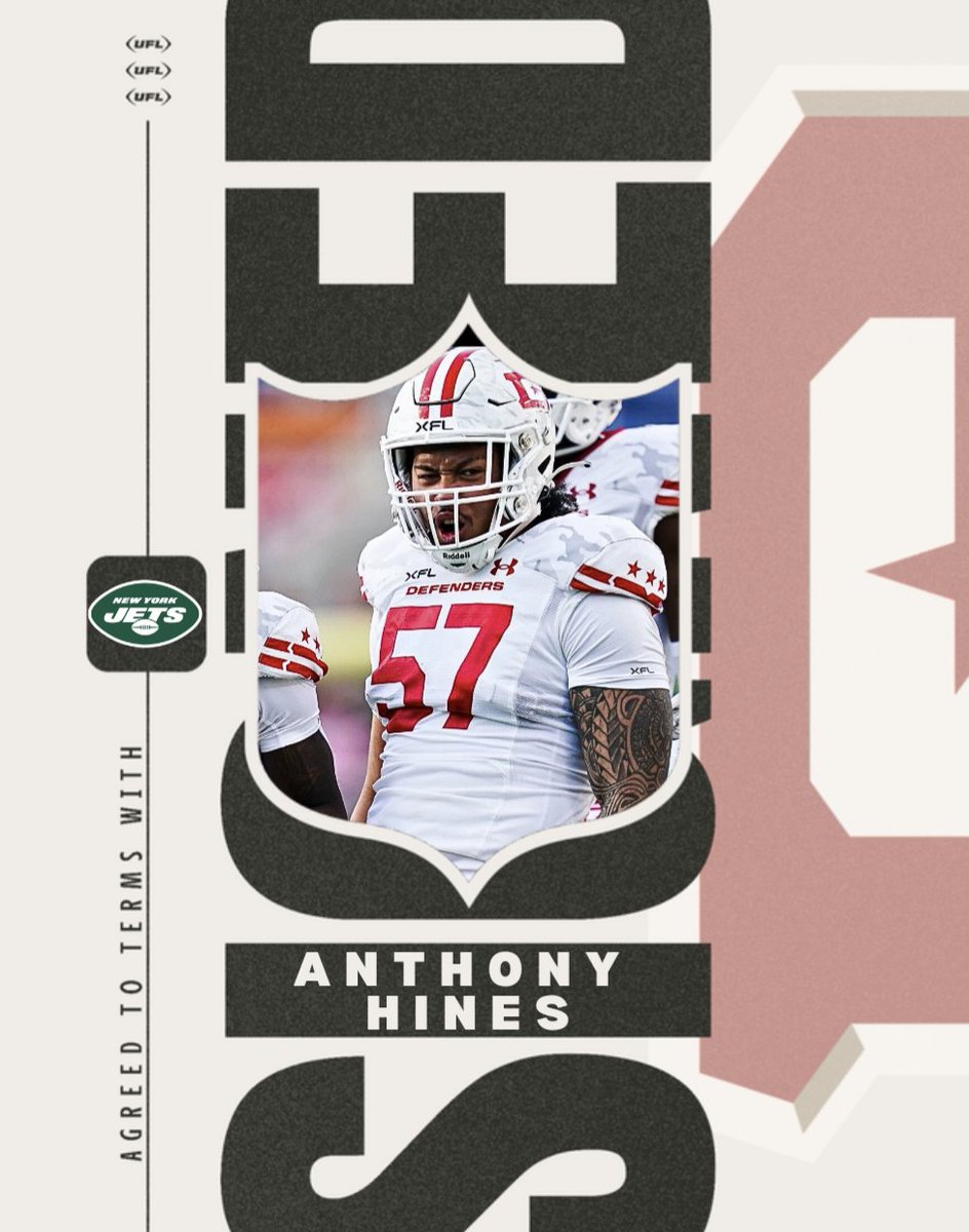 The_UFM's tweet photo. Breaking: DC Defenders LB Anthony Hines is signing with the New York Jets per @PaolantonioPFN

The DC Defenders leading tackler finished the season with 65 total tackles, good enough for 5th overall in the league.

He is the 7th DC Defenders player to get an NFL opportunity so far. 

#UFL #NFL #JetUp