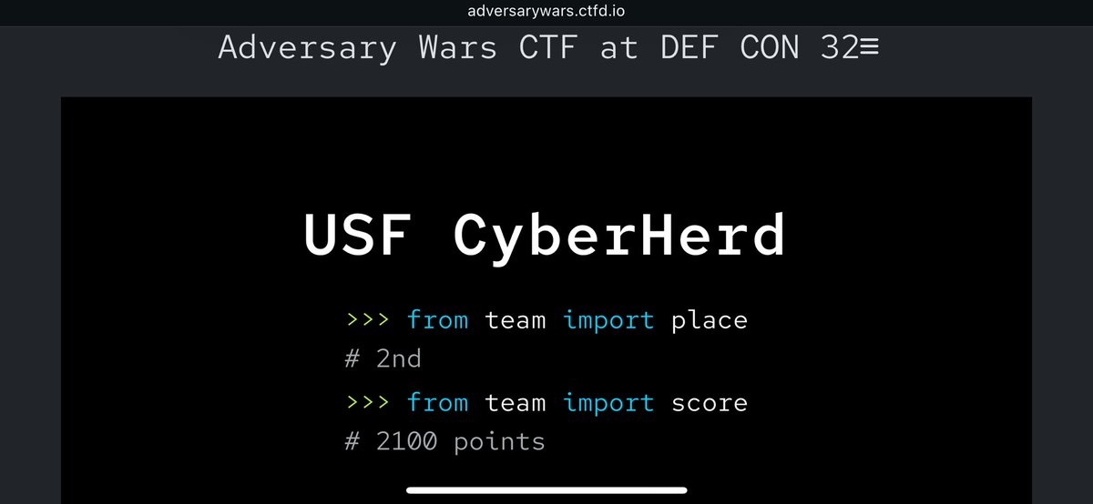gerbsec's tweet image. Alhamdulillah!
Took 2nd place in the @AdversaryVillag CTF! Congrats to @rayanlecat ! Wish I didn't have to leave early morning on the third day if the competition or I'm sure I would have gave you a run for your money!
Honestly placing top 3 at DC has been a dream of mine.
