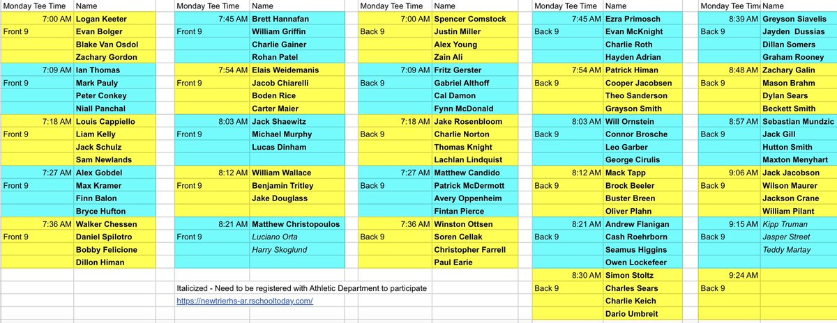 UPDATED TEE TIMES.

Tryouts Day 1 tee times at the Arboretum Club in Buffalo Grove. Please arrive at least 30 minutes before your tee time.

**Italicized - Need to be registered with Athletic Department to participate
