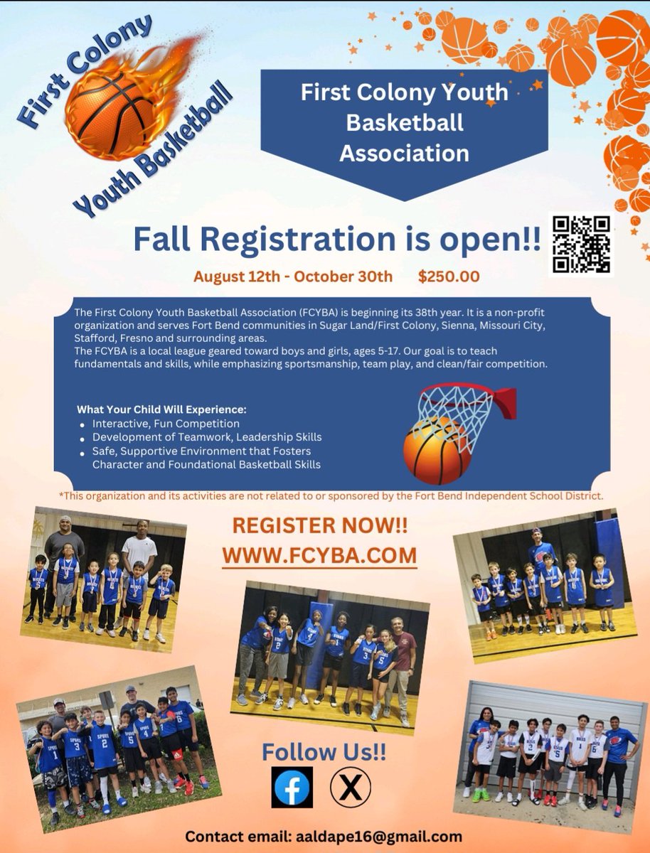 Annette11654351's tweet photo. First Colony Youth Basketball Association Registration for the 2024-2025 Fall League is Now Open! https://t.co/gKATsvVpQp