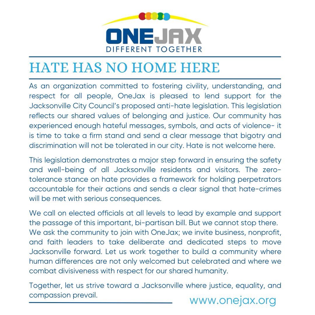 OneJax (@onejax) on Twitter photo Tuesday <a href="/CityofJax/">City of Jacksonville</a> Council will take a final vote on the Anti-Hate ordinance 2024-334.
Reach out to council & ask them to support this important legislation for our city: jacksonville.gov/city-council/c…
Let’s create a community that is safe & welcoming for all! 🕊🌎 #hatehasnohomehere Tuesday <a href="/CityofJax/">City of Jacksonville</a> Council will take a final vote on the Anti-Hate ordinance 2024-334.
Reach out to council & ask them to support this important legislation for our city: jacksonville.gov/city-council/c…
Let’s create a community that is safe & welcoming for all! 🕊🌎 #hatehasnohomehere