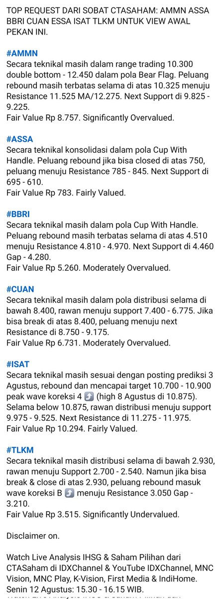 andri_zakarias's tweet image. TOP REQUEST DARI SOBAT CTASAHAM: #AMMN #ASSA #BBRI #CUAN #ESSA #ISAT #TLKM UNTUK VIEW PEKAN INI.

#ctasaham
#saham
#IDX
#IDXChannel
#toprequestctasaham
#Finance 
#telekomunikasi
#energy
#basic
#analisateknikal
#fairvalue
#Algoritmatrading
#elliottwavectasaham
#tradingsaham