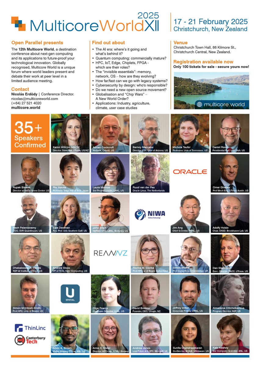 MulticoreWorld's tweet image. Updated speakers list (full list here multicore.world/speakers-2025/) Very proud that all these distinguished colleagues will spend up to 5 days discussing together about next gen high-tech solutions for the betterment of society (from all over the world to Christchurch, New Zealand).