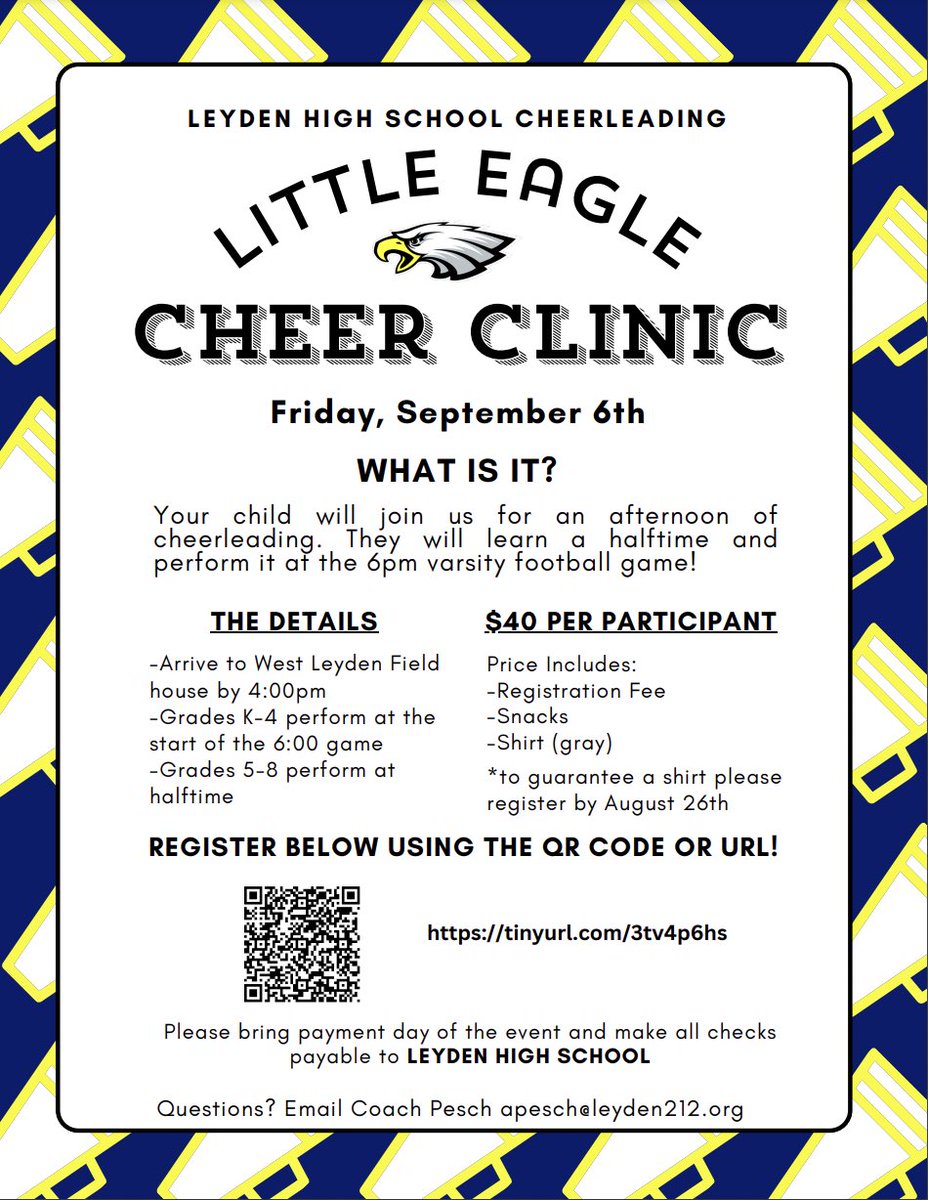 Our annual Little Eagles Cheer Clinic is coming up! Sign up your little ones for a fun evening filled with cheerleading! Open to students grades K-8. We can’t wait to see you there. #LeydenPride