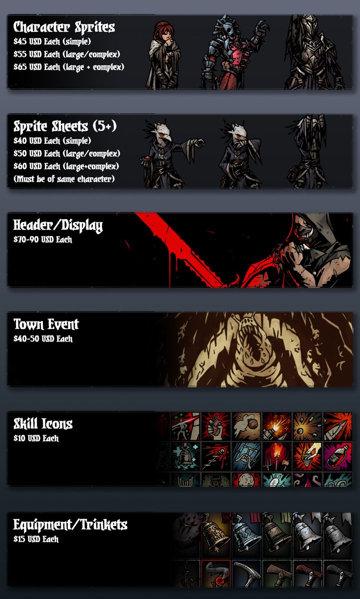 MoonKanin's tweet photo. An official price increase for Darkest Dungeon art is up!

Whenever I've opened coms, the slots are immediately taken up. With this increase in demand, the prices have gone up slightly.

In addition, I finally have a sheet for my emotes!

#DarkestDungeon #art #commission #emotes https://t.co/km330Z0uZC