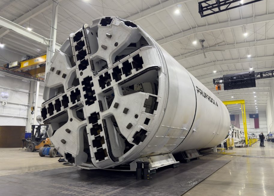 Prufrock-4 has begun testing in Boring Factory in Bastrop, TX.  
Prufrock-4 is 308 feet long (~1 football field), weighs 797,000 pounds (~150 SUVs), and produces up to 4.7 million pounds of thrust (~90% of Falcon Heavy liftoff thrust).
