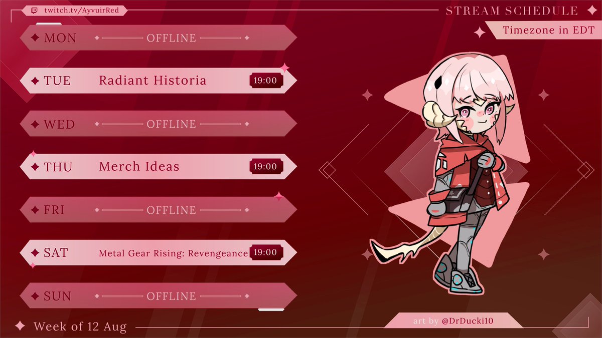 Schedule for the week!

We've crossed over 980 followers on Twitch which means we're starting Metal Gear Rising Revengeance!

We'll also talk about some new merch ideas and you'll get to decide which one you want!