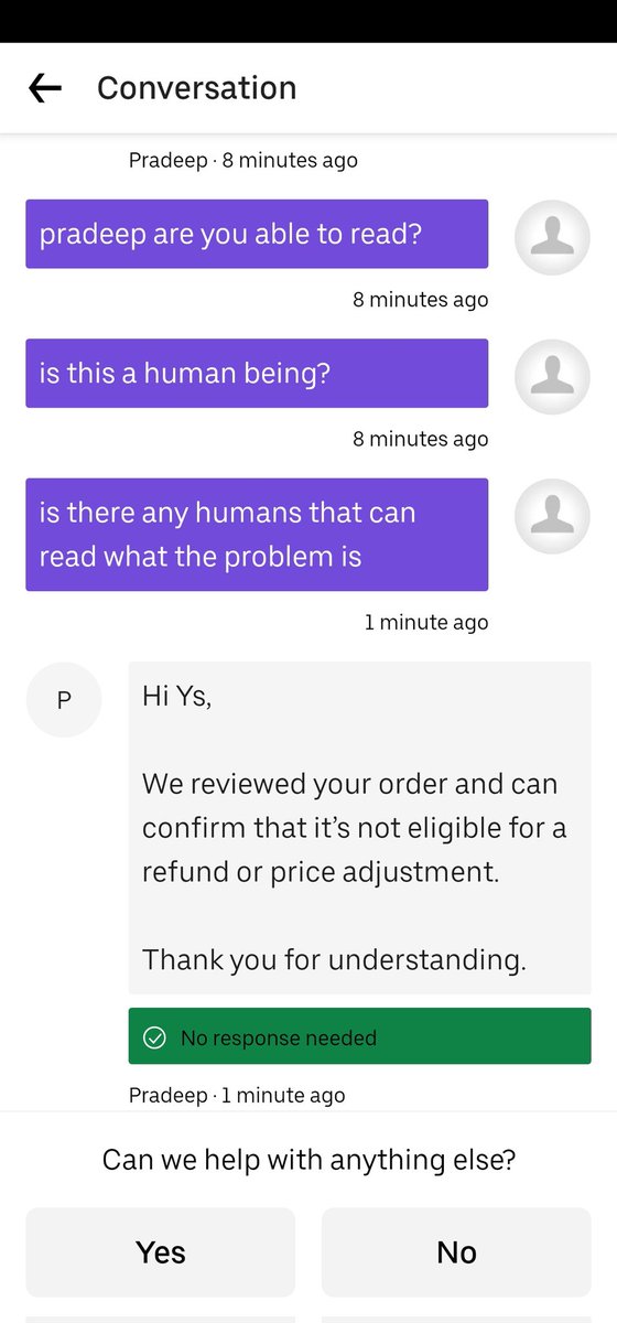 Yskuzi's tweet photo. @Uber_Support i ordered food today which i am regretting hard. 
The person dropped it off at the wrong location and since then i have been trying to simply find my order but all i am getting is automated answers about a refund i don't care about a refund i just want my food https://t.co/UmwRmd5QTv