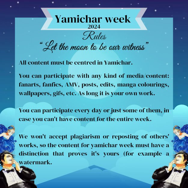 yamicharweek's tweet image. Make sure to read the following rules for the event.

Don't miss it 😉

#BlackClover #Yamichar #Yamicharweek #Yamicharweek24 #Bcspoilers #Yamisukehiro #Charlotteroselei