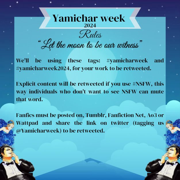 yamicharweek's tweet image. Make sure to read the following rules for the event.

Don't miss it 😉

#BlackClover #Yamichar #Yamicharweek #Yamicharweek24 #Bcspoilers #Yamisukehiro #Charlotteroselei