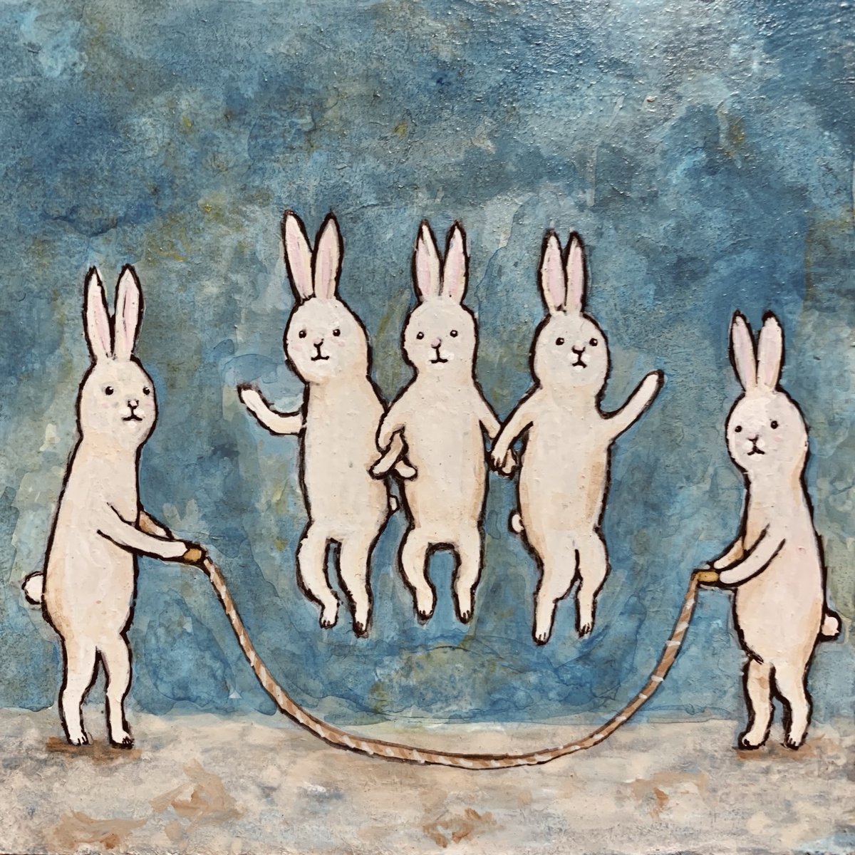 NAGOMI_ST's tweet photo. 最近の作品　10cm×10cm アクリル絵の具
#うさぎの絵　#動物画　#縄跳び https://t.co/7viaRQSp16