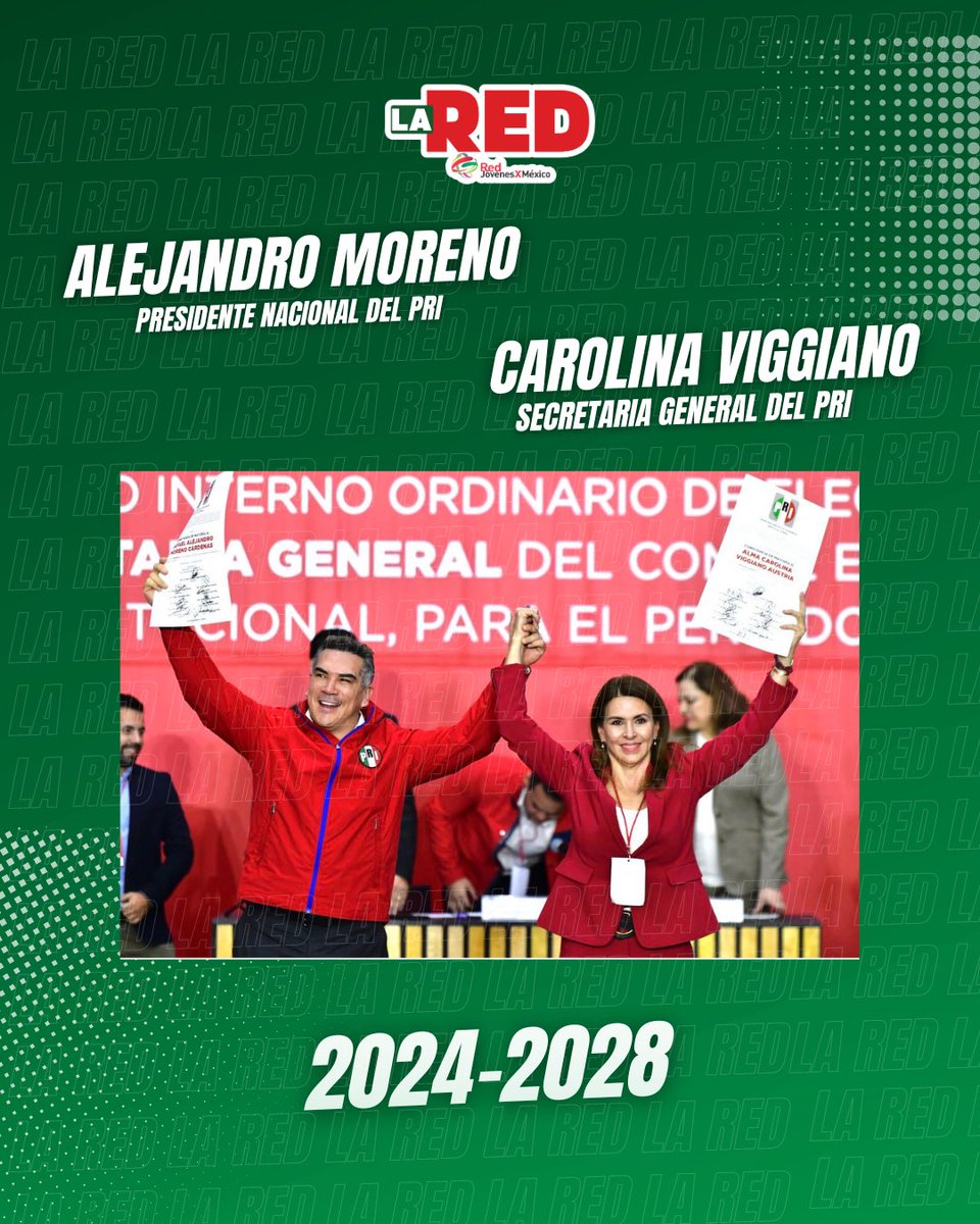 Con gran entusiasmo, la Red Jóvenes X México felicita a <a href="/alitomorenoc/">Alejandro Moreno</a> y <a href="/caroviggiano/">Carolina Viggiano</a> por su elección como presidente nacional y secretaria general del CEN del PRI para el periodo 2024-2028. Su labor será crucial para apoyar e inspirar a las nuevas generaciones de nuestro país.