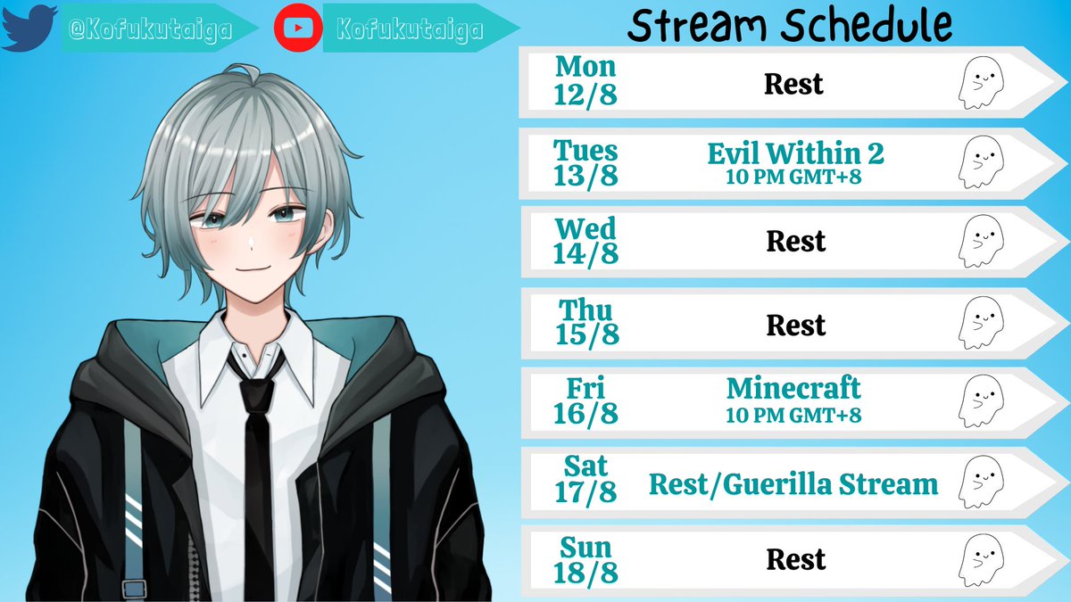 KofukuTaiga's tweet photo. Hey Ghosties, Here is this week's schedule. Hope you can join the stream ૮₍ ˶ᵔ ᵕ ᵔ˶ ₎ა

Here are the Tags: 
🔴Live:#SpookyTime
🎨Art:#TaigART
👻Fan:#Ghosties
😜Meme:#GhosThings 

#ENVtubers #Vtuber #MYVT #MalaysiaVTuber https://t.co/JaV1MSsl3z