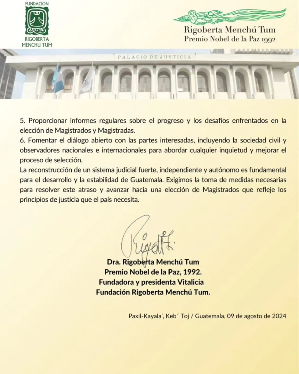 COMUNICADO DE PRENSA

Exigimos procesos eficientes y transparentes en la elección de Magistrados y Magistradas de la Corte Suprema de Justicia y de las Salas de Corte de Apelaciones.
#Guatemala #cortesupremadejusticia 
#NobelPeacePrize