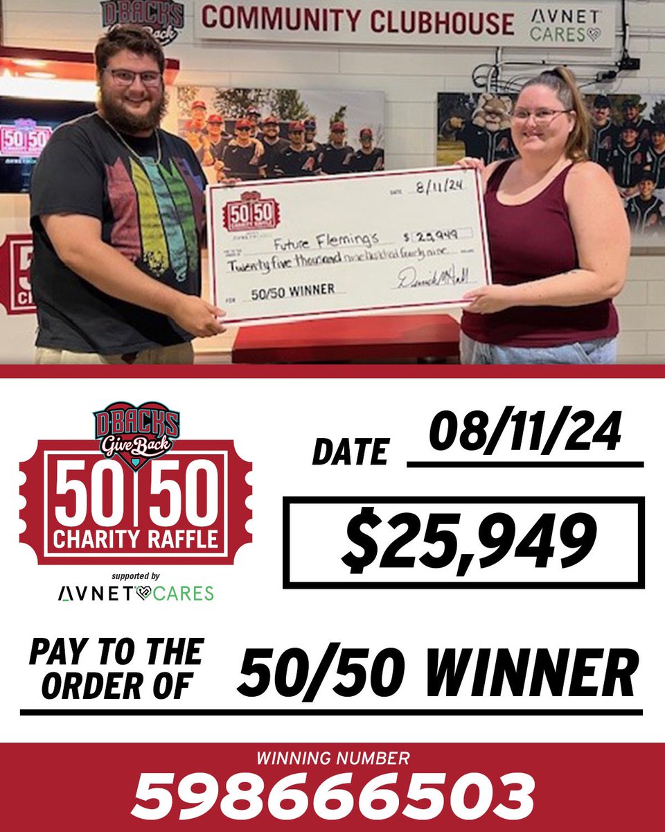 DbacksGiveBack's tweet photo. Congratulations to the soon-to-be Flemings, todayβs winners of the #DbacksGiveBack 50/50 Raffle, supported by Avnet Cares!
Thatβs a wrap on a huge raffle weekend, thank you to all who made it happen! π https://t.co/QXkENDqjNh