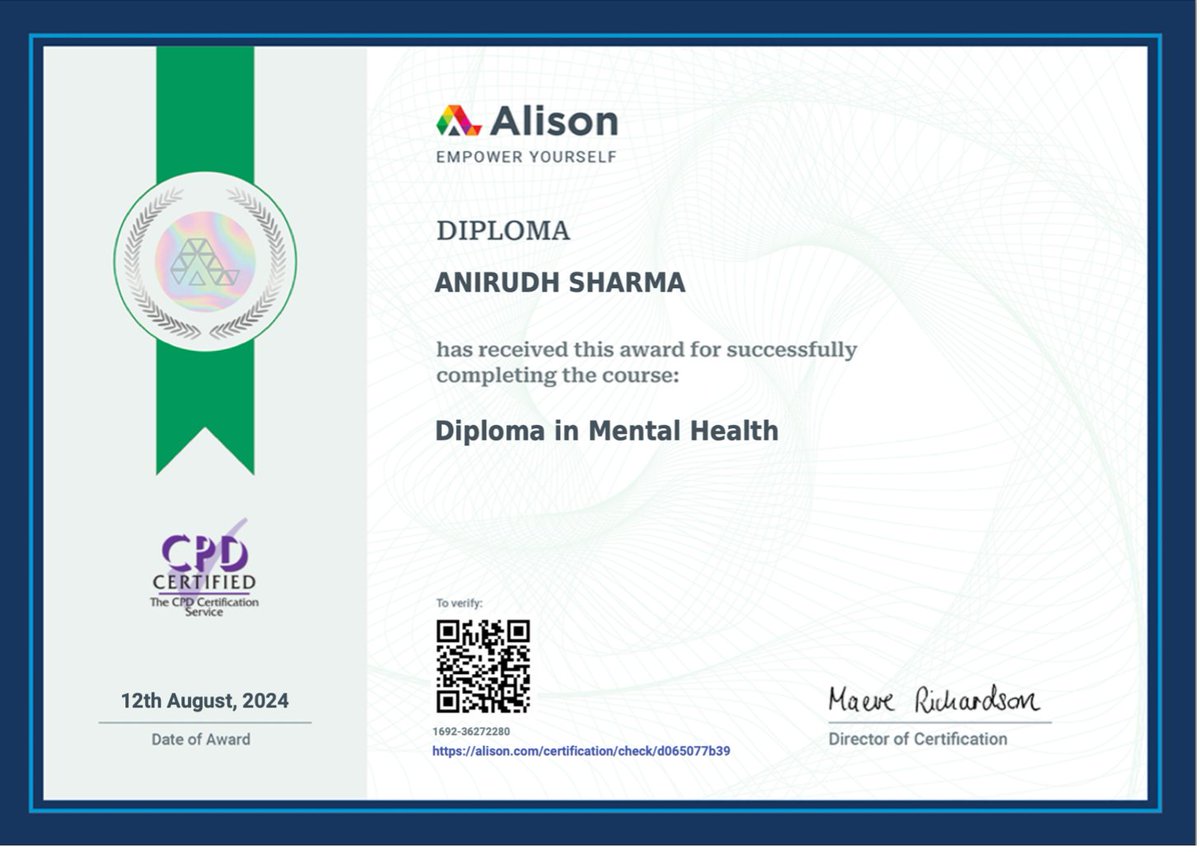 🎉 Thrilled to share that I’ve completed my Diploma in Mental Health! This journey has enriched my understanding &amp; equipped me to better support and advocate for mental well-being. I’m excited to make a positive impact &amp; contribute to healthier communities. #MentalHealth #Growth