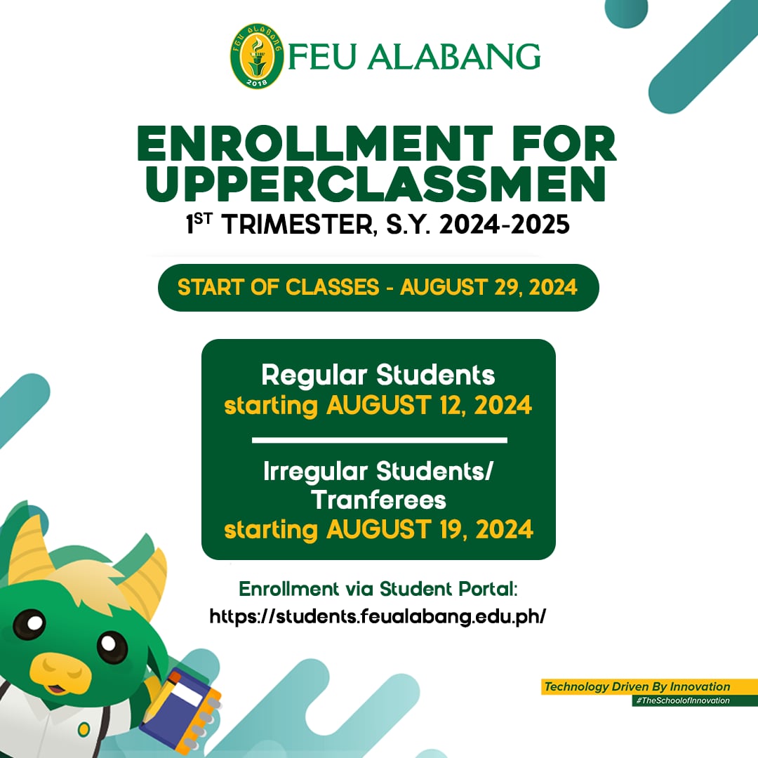 𝐇𝐄𝐀𝐃𝐒 𝐔𝐏, 𝐓𝐄𝐑𝐓𝐈𝐀𝐑𝐘 𝐓𝐀𝐌𝐀𝐑𝐀𝐖𝐒 (𝐔𝐏𝐏𝐄𝐑𝐂𝐋𝐀𝐒𝐒𝐌𝐄𝐍)! 📣

Enrollment for 1st Trimester S.Y. 24-25 starts on the following dates:

𝗔𝘂𝗴𝘂𝘀𝘁 𝟭𝟮: Regular students
𝗔𝘂𝗴𝘂𝘀𝘁 𝟭𝟵: Irregular Students/Transferees