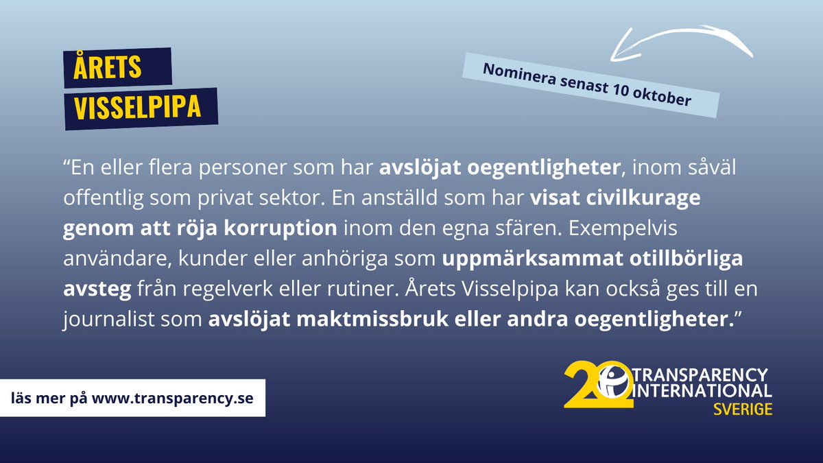 🎤 Nu kan du nominera kandidat/er till TI Sveriges utmärkelse Årets Visselpipa. Nomineringsprocessen pågår fram till 10 oktober. 

➡️Läs mer på transparency.se och välkommen med din nominering!
