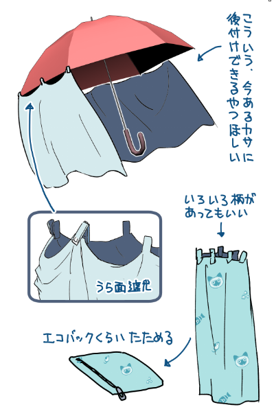 日傘+αな感じのやつ、後ろ側に日除けが付いてたり、長方形の傘を見たのだけど、そういう変わった傘ではなく、今ある傘に簡単につけられる、こういう留め具の付いた布欲しい。作れそうでもあるけど、裏面遮光生地で欲しい。