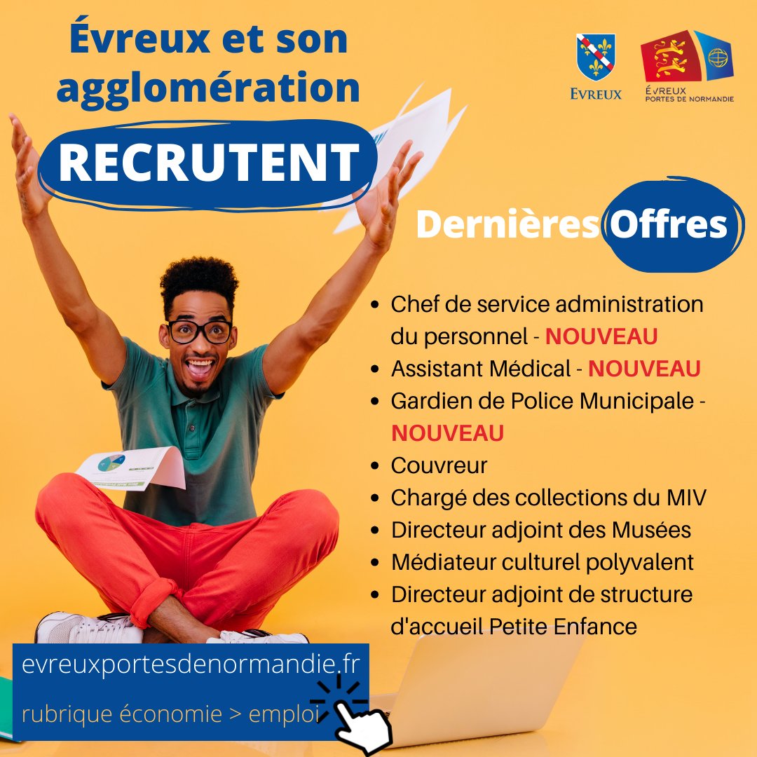 [#EMPLOI]

#Evreux et #aggloevreux recrutent !

&gt; Nouvelles offres : Chef de service administration du personnel / Assistant Médical / Gardien de Police Municipale

👉 Pour postuler, envoyez votre CV et lettre de motivation ⤵️
evreuxportesdenormandie.fr/285-evreux-por…

#offreemploi