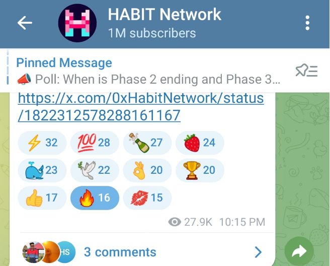MILESTONE ALERT! 🚨 Our Telegram channel community is now 1 MILLION strong! 🤯 Perfect timing as we launch Phase 3!🚀 A huge thank you to the amazing #HABITCommunity for your trust and support. Your energy is what drives us forward! 💪 Here's to many more milestones together! 🥳