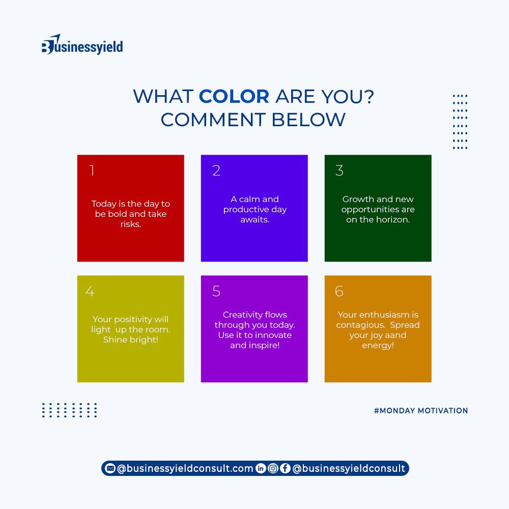 business_yield's tweet photo. Start your week on a positive note!

Choose a color and swipe to see your Monday motivation.

Tell us in the comments which color you picked!

#MondayMotivation #PositiveStart #PickAColor #MotivationalQuotes #ArshadNadeem #BBNaija #BBNaijaS9 #HindenburgResearch #Kanguva https://t.co/r3OmtJ4jz1