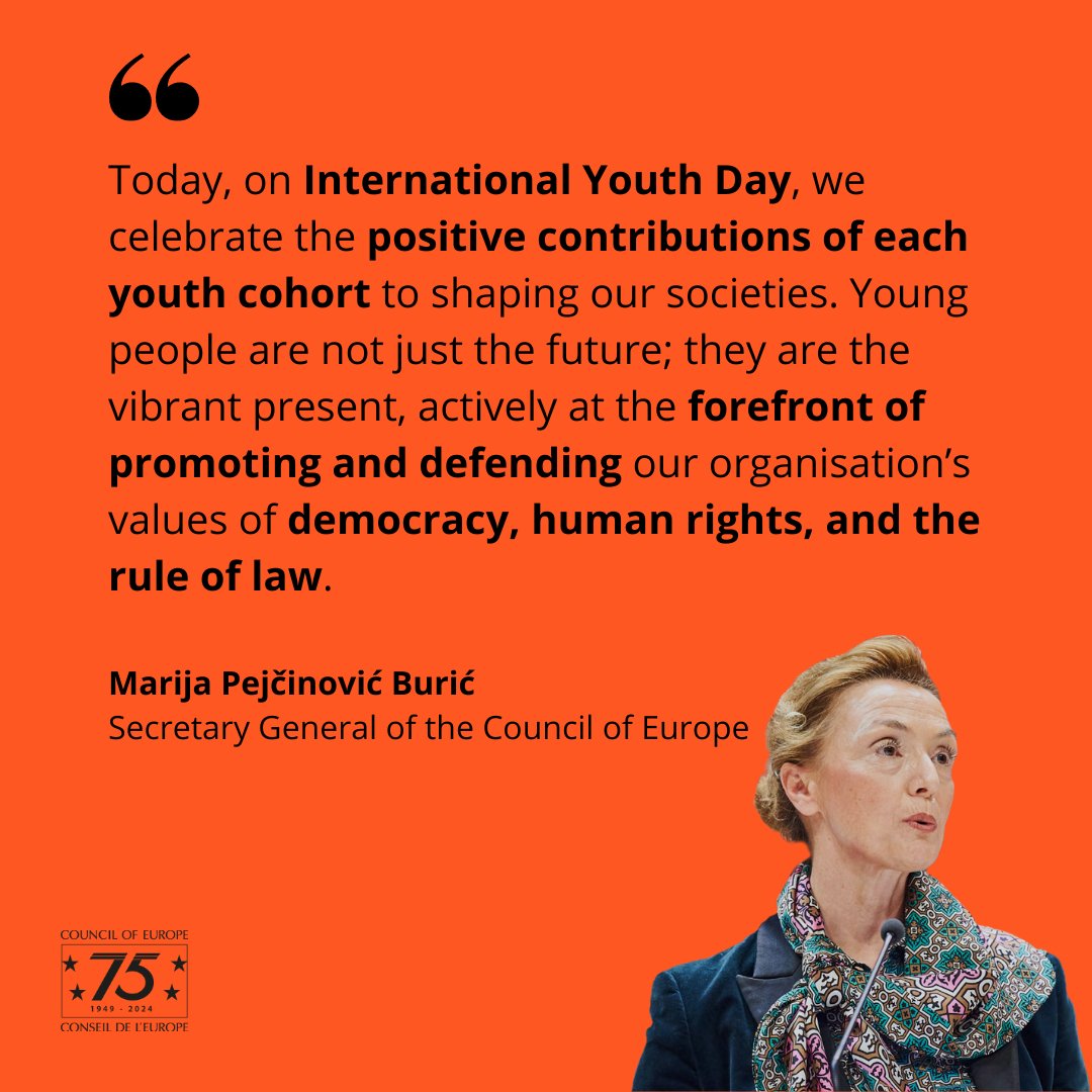 coe's tweet photo. 📣Happy International #YouthDay!

Young people aren’t just the future; they’re the vibrant present, shaping our societies and championing democracy, human rights, and the rule of law. 

Read @MarijaPBuric statement: https://t.co/S3wkgSfoa6

#TogetherWeRise #CouncilOfEurope