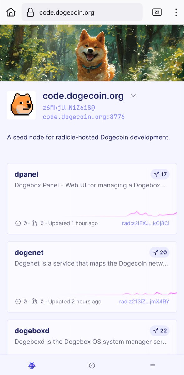 You can now find the fully decentralsed code repositories for Dogebox at code.dogecoin.org on our shiny new <a href="/radicle/">Radicle</a> seed node.  

Check out what the team are working on, and pretty soon we'll have an alpha release folk can run in a VM before the first hardware release in a