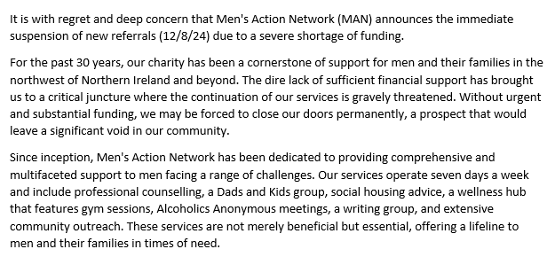 MAN_IN_DERRY's tweet photo. Due to funding restraints, we have made the difficult decision to pause referrals. 

We're working hard to secure resources needed to secure our services after 30 years of positive impact.

Thank you for your understanding and support.

Enquiries: 02871377777 | admin@man-ni.org https://t.co/I4LpRao23x