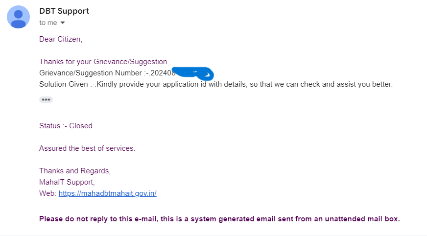 Pradyumn1710's tweet image. Received a response from @DbtMaha Support asking for my application ID, even after I already provided it. To make matters worse, they closed the case without resolving it! What should I do now? @DbtMaha, please help! #CustomerSupport #UnresolvedIssue #MahaDBT
