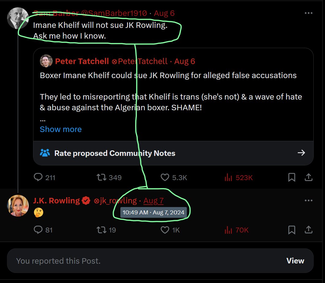 JK Rowling hasn't tweeted for four days solid, after participating in the online abuse of Olympic Gold medalist (and fellow woman) Imane Khelif at #Paris2024 

One of the last things JKR did before disappearing was reply to a post saying "Imane Khelif will not sue JK Rowling." 🤔