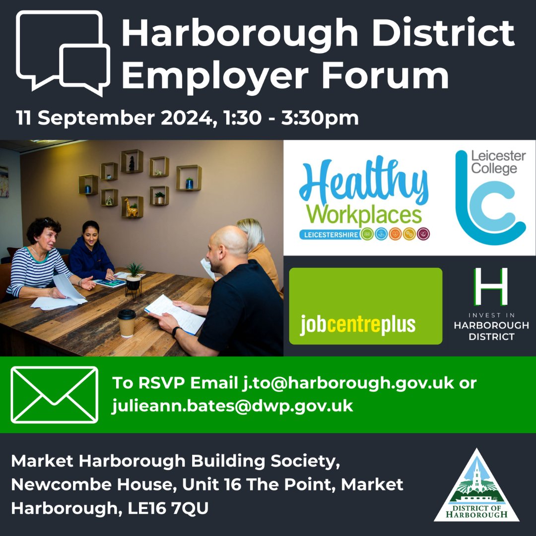 Harborough IC (@harboroughic) on Twitter photo Event Details:
π
Date: Wednesday 11 September 2024
π Time: 1:30 - 3:30pm
Register now by emailing julieann.bates@dwp.gov.uk or j.to@harborough.gov.uk Event Details:
π
Date: Wednesday 11 September 2024
π Time: 1:30 - 3:30pm
Register now by emailing julieann.bates@dwp.gov.uk or j.to@harborough.gov.uk