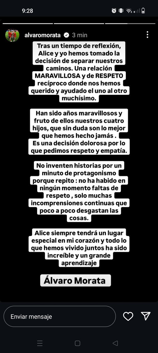RacheMor's tweet photo. Morata confirma su separación. Se me parte el alma, me gustaba mucho la pareja que hacía con Alice ☹️ https://t.co/hHWdONMVQU