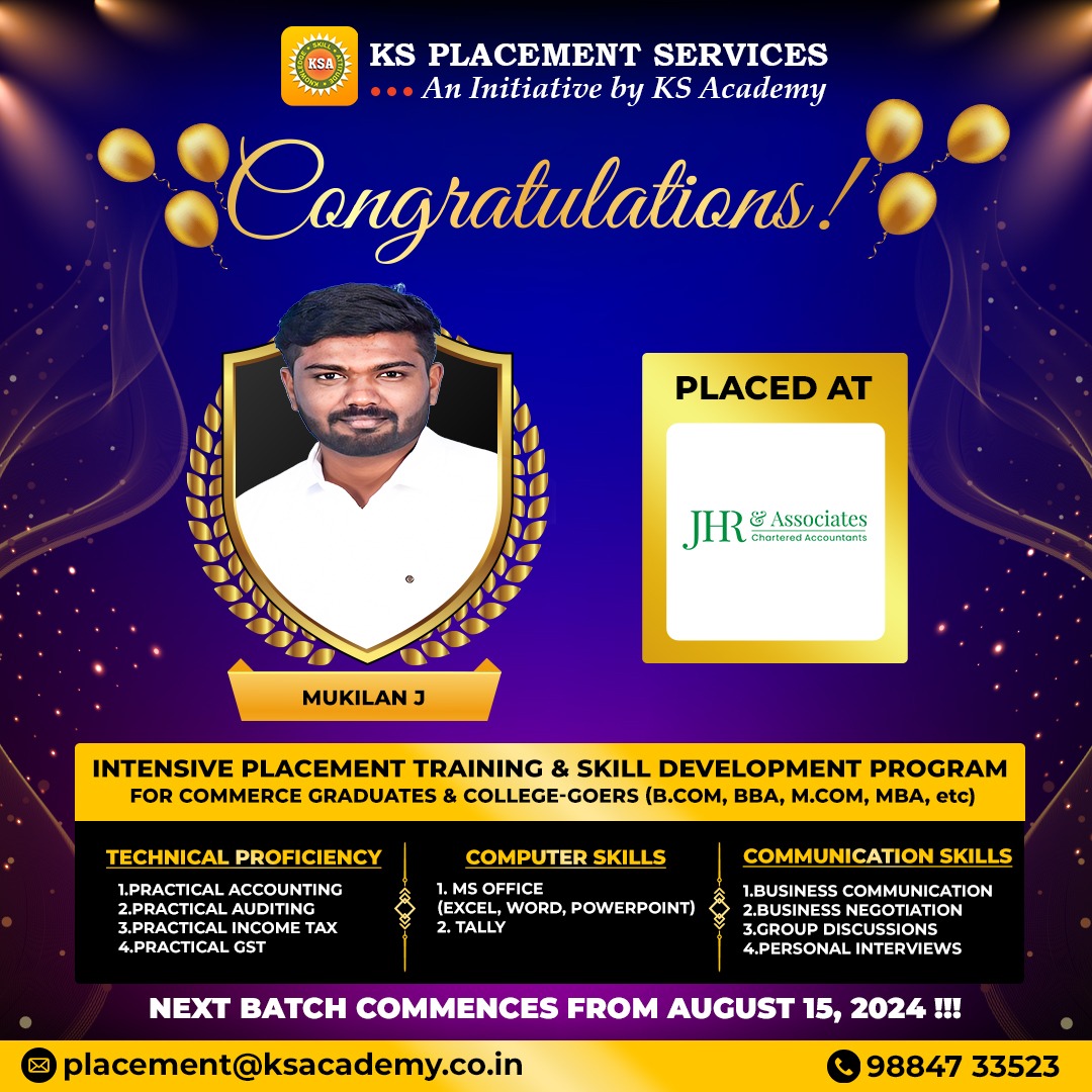 ksacademyca's tweet photo. We are glad that we have successfully placed all our Batch 1 students of KS Placement Services.

Our Next Batch commences from August 15, 2024.

Limited Seats Available!

Link to register:

https://t.co/rZHqPf8DvR

#ksacademy #PlacementServices #placements #CommerceGraduates https://t.co/Rh9FIha2LF